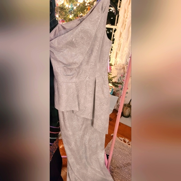 Teri Jon One-Shoulder Silver Wedding Dress - Picture 2 of 5